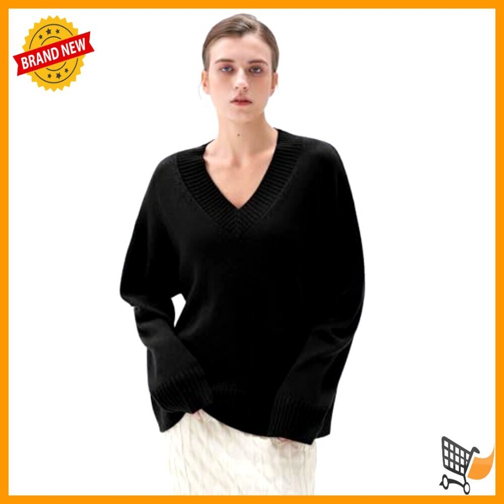 Cashmere Blend Oversized V Neck Pullover Sweater Chunky Knit Cozy Minimal - Picture 4 of 7